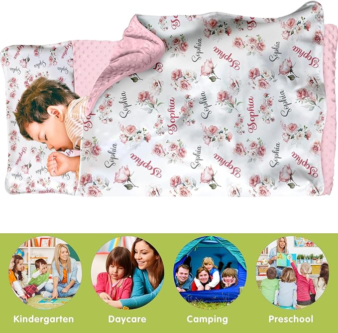 Personalized Toddler Nap Mat for Preschool, Custom Name Kids Sleeping Bag for Daycare, Kindergarten Roll Up Sleeping Mat with Removable Pillow and Soft Blanket, Fun Themes for Boys & Girls