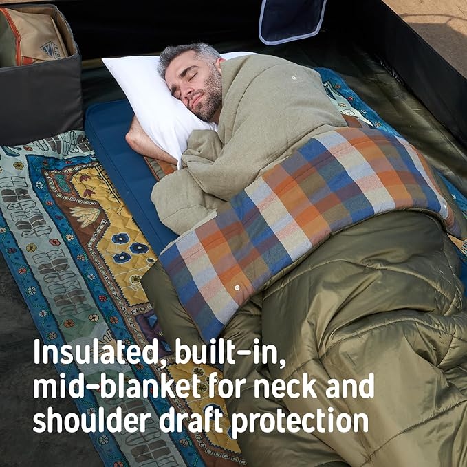 Kelty Wayback Flannel Lined Sleeping Bag, Built in Blanket, Traditional Rectangle Shape, Organic Flannel Cotton Liner, Dual Locking Slide Zips