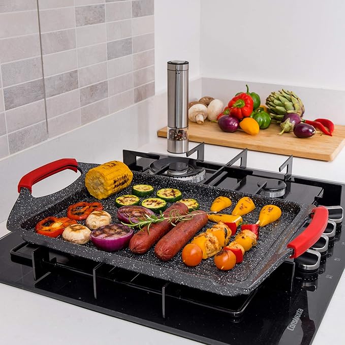 Moss & Stone Griddle Aluminum Bbq, 18x10.5 Rectangle Grill Pan for Indoor Cooking, Non-stick Flat Top Griddle Pan for Stove, For Fish Vegetables & As Steak Pan, StoveTop Induction Grill