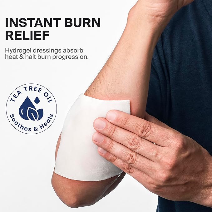 Hydrogel Burn Dressings with Tea Tree Oil - 4x4" Sterile Non-Stick Burn Pads - Emergency First Aid for Instant Cooling, Soothing & Relief - 5 Pack