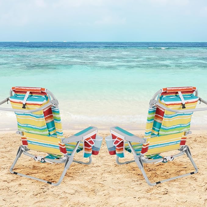 GYMAX Beach Chair, 330lbs Backpack Lounger with 5-Position Backrest, Storage Bag, Side Pocket, Towel Bar & Headrest, Foldable Low Beach Lounge, Portable Aluminum Lay Out Camp Chair (Colourful,2)