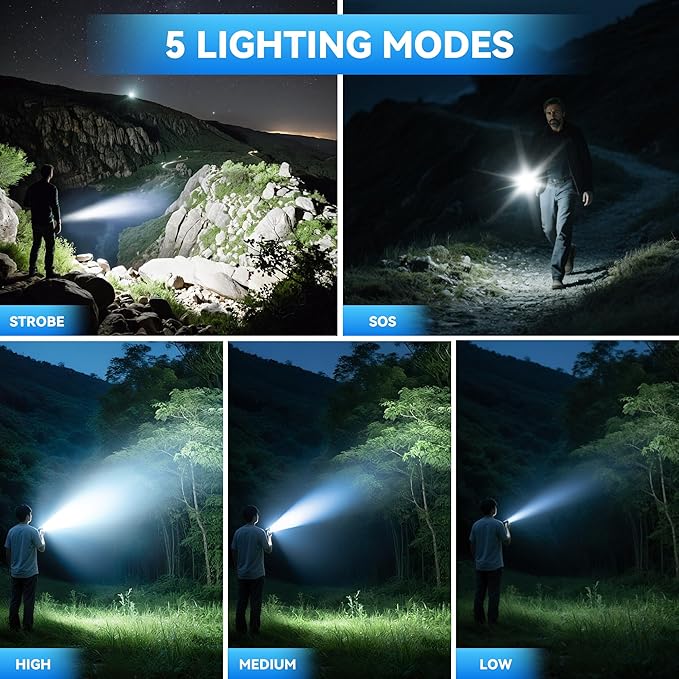 Rechargeable Flashlights High Lumens, Super Bright Tactical Flashlights with 5 Modes & Waterproof, Adjustable Focus Led Flash Lights for Home Camping Emergencies Hiking