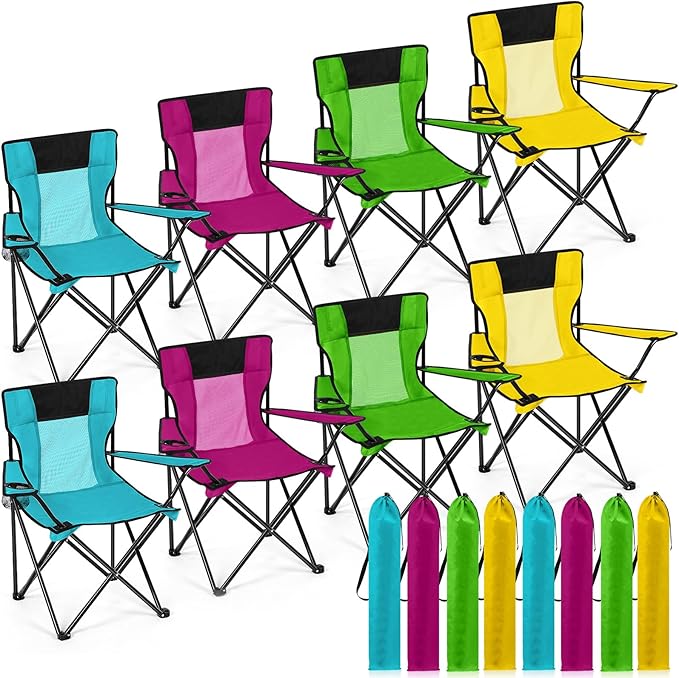 Shellwei Breathable Folding Camping Chair with Cupholder Carry Bag Regular Size Portable Lightweight Lawn Chair with Side Pocket Fishing Hiking Picnic Party Beach Outdoor Activity(Colorful,8 Pcs)
