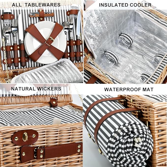 Picnic Basket with Blanket and Wine Pouch for 4, Wicker Picnic Set with Insulated Liner Cooler Bag Hamper for Camping,Wedding - Stripes