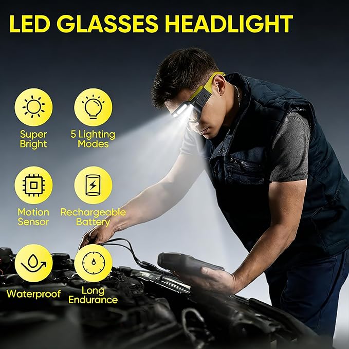 LED Rechargeable Headlight Glasses with Motion Sensor & Touch Control, Safety Glasses with Lights 5 Modes USB C Light Up Glasses for Outdoor Running Camping Hiking Work (Yellow-1)