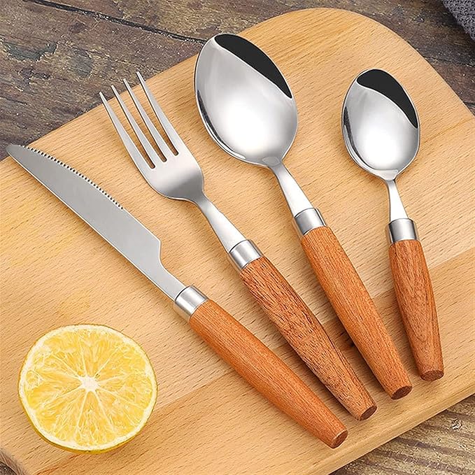 Cutlery Set Japanese Flatware Sets Cutlery Sets Stainless Steel Wood Handle Knife Fork Spoon Mixed Cutlery Sets Western Tableware Dinnerware Cutlery Set Camping Travel Picnic Flatware Supplies