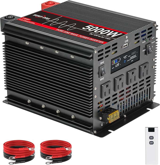 5000 Watt Pure Sine Wave Power Inverter, 12V DC to 110V/120V AC Converter 10000W Peak, with Remote Control LCD, 4 AC Outlets & USB Port & Hardwire Terminal, for Truck RV Boat Camping Solar System EPS