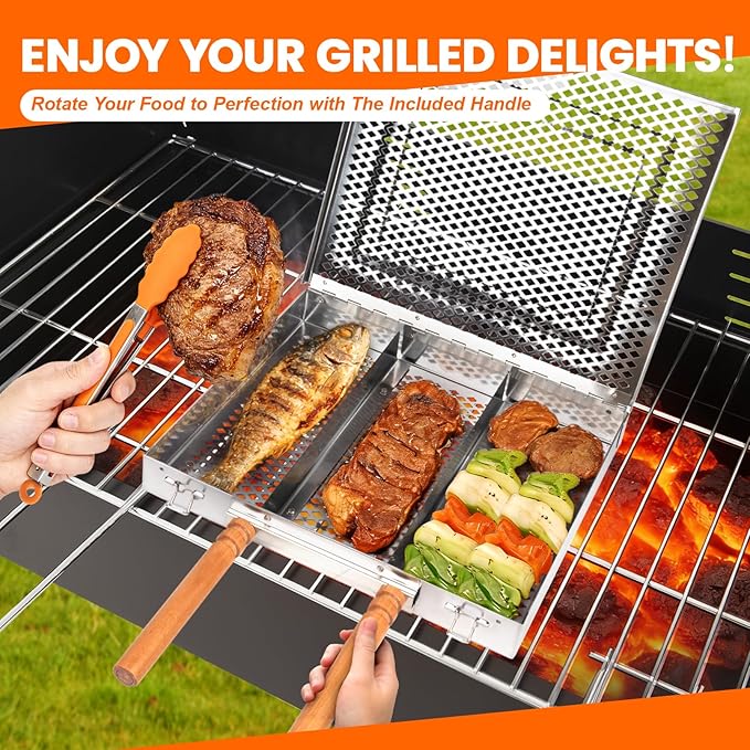 Grill Basket Set,Removable Wooden Handle,BBQ Vegetable Basket with Easy Open Lid,Food tongs,oil brush,Smoker Grilling Accessories for fish,Outdoor Cooking Camping, Birthday Gifts for Men Dad Husband