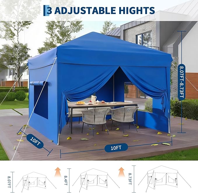 10x10FT Pop Up Canopy with Sidewalls, Outdoor Canopy Tent with SandBag & Carry Bag for Commercial Events, Camping, Backyard Parties, Blue
