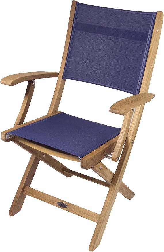 SeaTeak Bimini Foldable Chair - Director’s Chair with Blue Durasling Fabric - Teak Folding Chair for Boat, Poolside, Patio, Camping, Outdoors