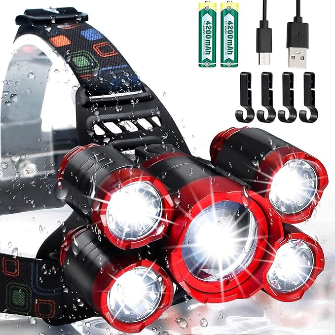 USB Rechargeable Headlamp 12000 Lumen Ultra Bright LED Work Headlight, 4 Modes Waterproof Head Lamp Best Headlamps for Adults, Camping, Outdoors & Hard Hat Work Zoomable Headlight (Red)