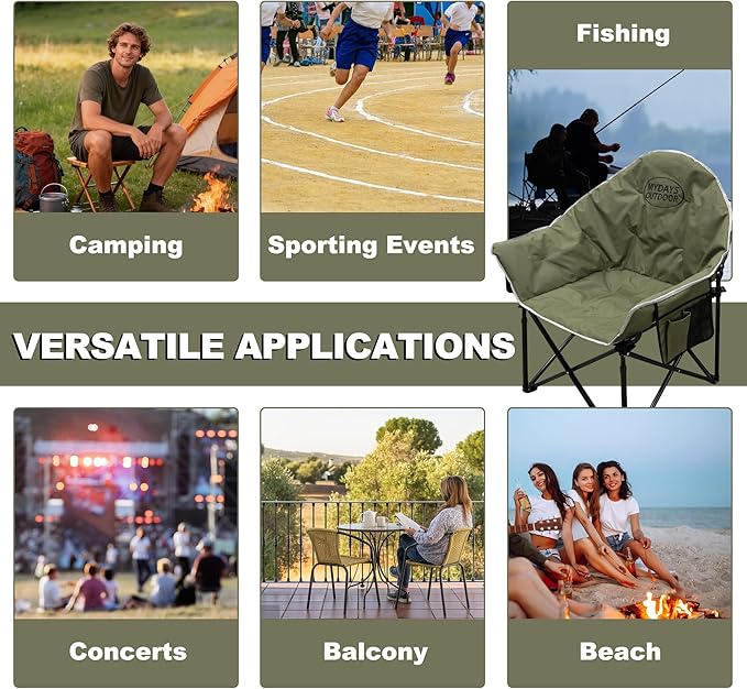 Oversized Camping Chair, Portable Folding Moon Chair with Side Pocket, Heavy Duty Outdoor Chair for Camping, Beach, Backyard, Support 400lbs(Green)