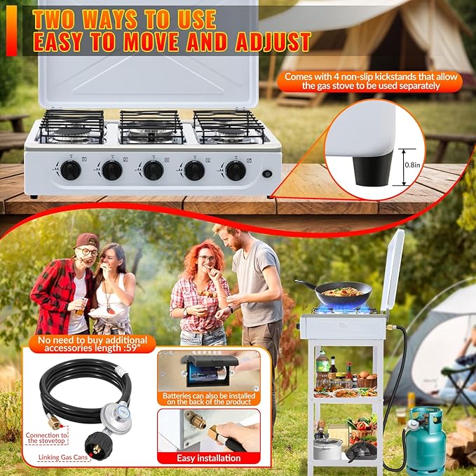 5 Burner Propane Gas Stove,400000BTU Portable Gas Stove with Support Leg Stand and Wind Blocking Cover Adapter Auto Ignition Camping Stove,propane burner for RV, Apartment, Outdoor Cooking