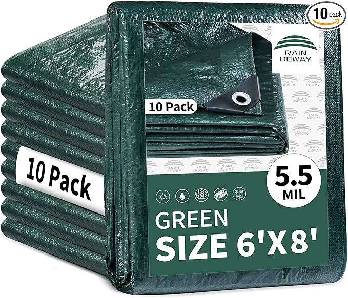 RAINDEWAY 10 Pack Tarps 6x8 Feet Small Tarp Waterproof,5.5 Mil Thick,Multipurpose Waterproof Poly Tarp Cover with Metal Grommets and Reinforced Edges,Green Tarps