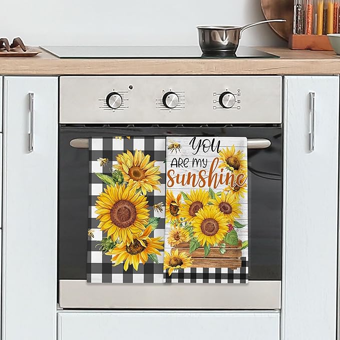 Sunflower Kitchen Towels, You are My Sunshine Dish Towels Set of 2, Farmhouse Sunflower Kitchen Decor, Summer Floral Buffalo Plaid Yellow Hand Towels for Housewarming (18x26 Inches)