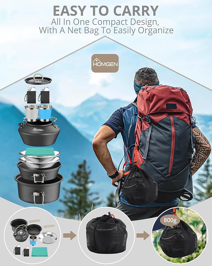 HOMGEN Ultralight Anodized Aluminum Camping Cookware Set for 2 People - Nesting Non Stick Pot/Pan with Foldable Handles Insulated Teapot & Stainless Cups - Compact Backpacking Gear for Camping/Hiking