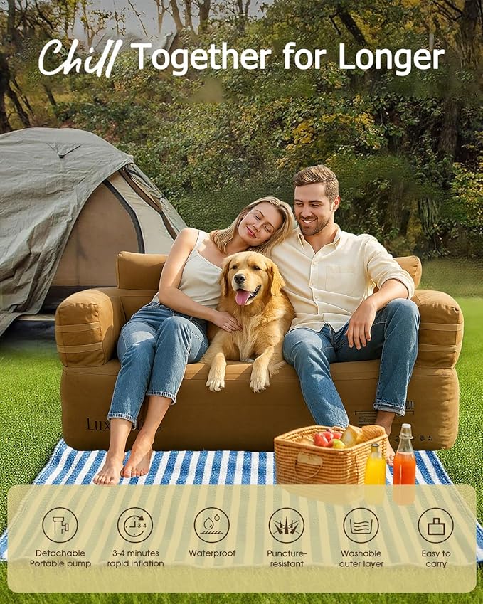 Portable Inflatable Couch for Camping with Built-in Pump Durable Inflatable Furniture Comfortable Blow Up Couch Stylish Outdoor Air Sofa Perfect for Backyard Beach Music Festival Party | Auto Cordless Pump, Durable Fabric, Puncture Resistant, Stain-Res...