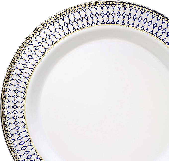 OCCASIONS 240 Piece Heavy Duty Disposable Plastic Plates Set for 120 Guests – Includes 10.5" Dinner & 7.5" Dessert Plates, Elegant Party Plates for Weddings, Events, Odyssey in Blue & Gold Rim.