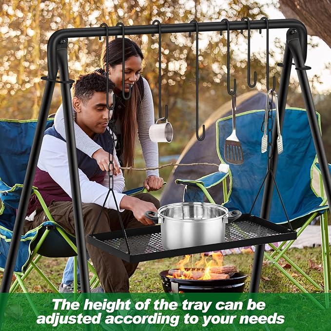 Campfire Swing Grill Stand Adjustable Campfire Cooking Equipment Camping Accessories Cookware Hanging Rack with 8 Hooks and Portable Grill Stand for BBQ Picnic Outdoor Party