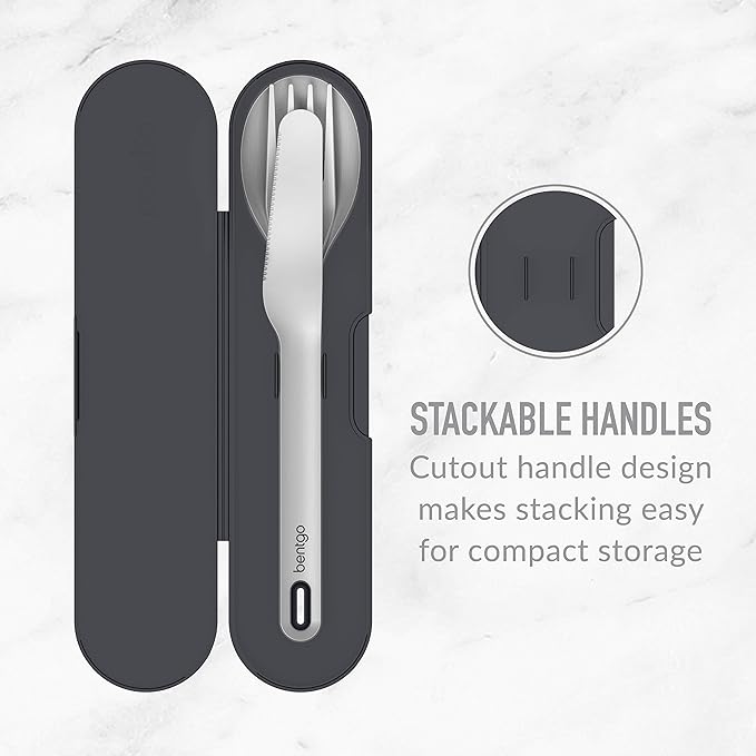 Bentgo Stainless Travel Utensil Set - Reusable 3-Piece Silverware Set with Carrying Case, High-Grade Premium Steel, BPA-Free Case, Eco-Friendly - Ideal for Travel, Camping, and Office Use (Carbon)