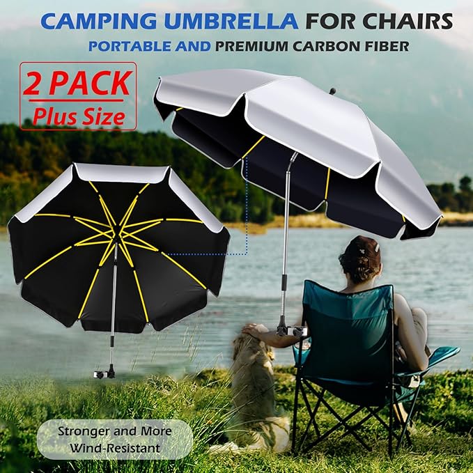 2Pack 48.8 inch Large Beach Umbrella with Clamp Sun Shade for Beach Chair, 360°Adjustable UV Protection Golf Umbrella with Clip for Outdoor Stroller Wheelchair Camping Chair