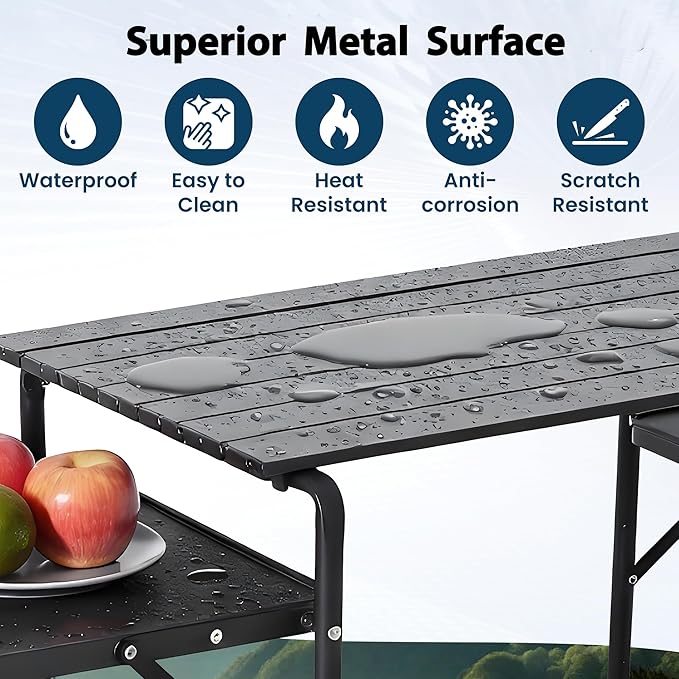 Slim-Fold Camping Kitchen Table, Metal Folding Portable Outdoor Cook Station with 4 Side Tables, 2 Storage Shelves & Carrying Bag, Heat Resistant Quick Set-Up for Picnic BBQ