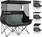Double Camping Chair with Canopy Shade Folding Double Beach Chair with Adjustable Canopy Heavy Duty Loveseat Camping Chair with Two Cup Holders and Carry Bag for Outside, Beach Fishing Sports
