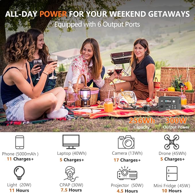 ALLWEI Solar Generator with Panels Included - 300W/256Wh LiFePO4 Battery Portable Power Station with 100W Solar Panel, Solar Powered Bank Generator for Camping,Home Use, Power Outage