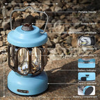 Rechargeable LED Camping Lanterns, Vintage Camping Lights Battery Operated, Portable Retro Metal Glamping Lights for Hiking, Hurricane, Decoration, Power outages, Blue, 1 Pack