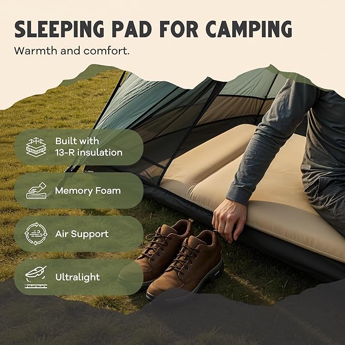Self-Inflating Camping Sleeping Pad – 3.15" Wandermate Memory Foam Air Mattress for Backpacking, Car Camping & Tents, Compact and Durable