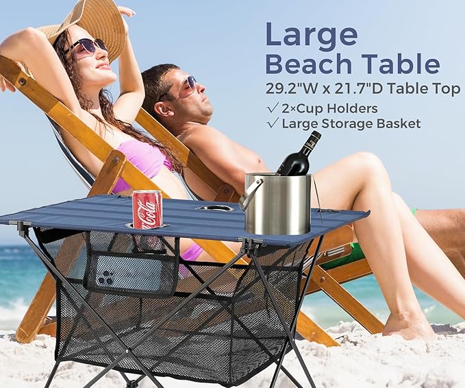 Lightweight Camping Table - Portable Folding Beach Side Table w/2 Cup Holders & Large Storage Basket, Compact Fold for Tailgate Travel Outdoor Fishing Picnic | 29.2" W x 21.7" D (Blue)