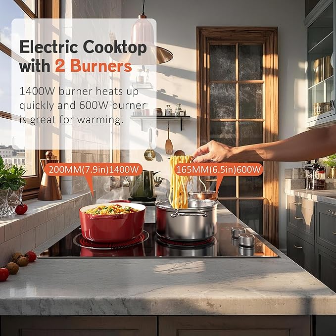 Electric Stove 2 burners, Plug in Electrical Cooktop 110v, Pause Function, Knob Control, 12 Inch Electric Stovetop Countertop & Built-In, 9 Power Levels, 2000w, Safety Lock, Timer, Karienvir