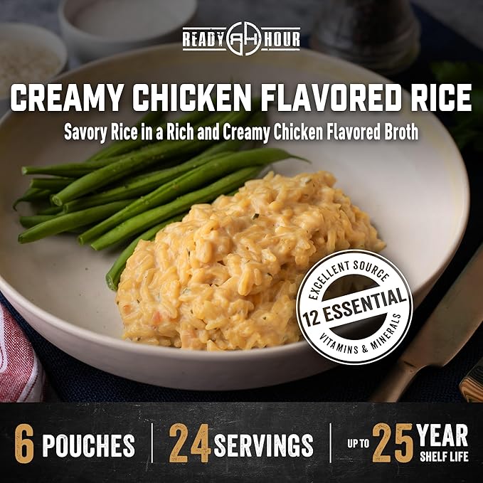 Ready Hour Creamy Chicken Flavored Rice Case Pack – Freeze-Dried Emergency Food with a Long 25-Year Shelf Life, Shelf-Stable Camping Meal and Survival Kit, – 24 Servings (6 Pouches)
