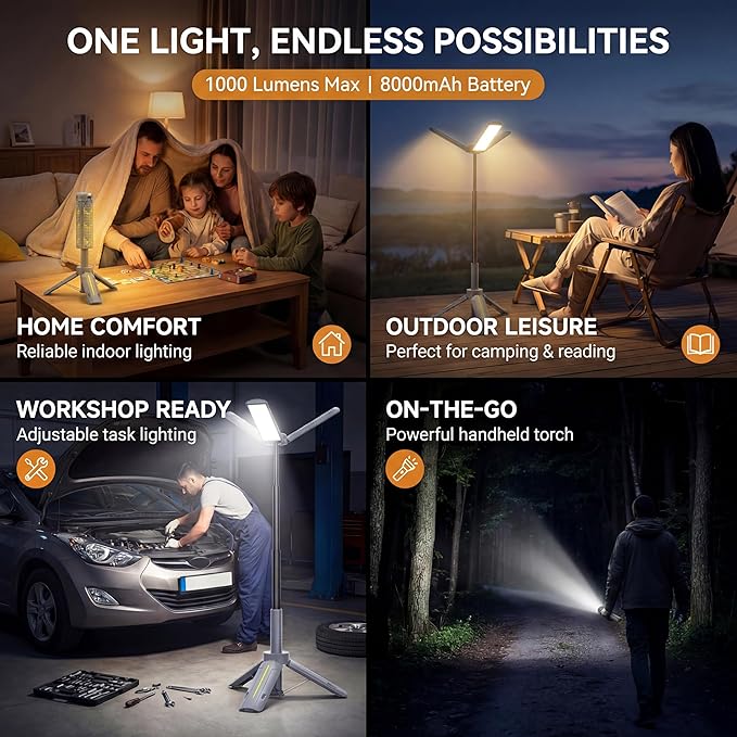BUBRA 40" Telescopic Camping Light with Stand, 8000mAh Rechargeable LED Work Light & Camp Lantern, 1000LM Portable Tripod Lamp, 20H Runtime for Power Outages, Survival Gear and Camping Essentials