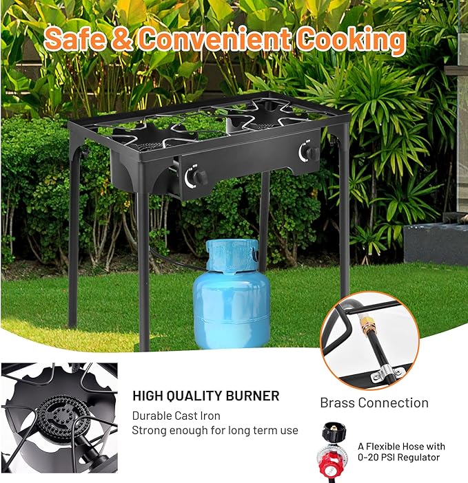 Giantex Outdoor Double Burner Stove, High Pressure 2 Burner Stand Max. 150,000 BTU total, 0-20 PSI Regulator Detachable Legs, Portable Dual Propane Grill Burner Stove for Camping Picnic Cookout