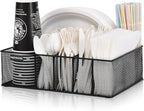 Paper Plate Organizer for Countertop, Metal Silverware Caddy with 6 Compartments for Cup, Napkin, Utensil Holder Caddy for Party, Camping, Picnic