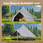 Cotton Canvas Bell Tent, Waterproof Large Tents with Sturdy Center & Door Pole and Space for 4/6/8 Person All 4 Season Camping Yurt Tent
