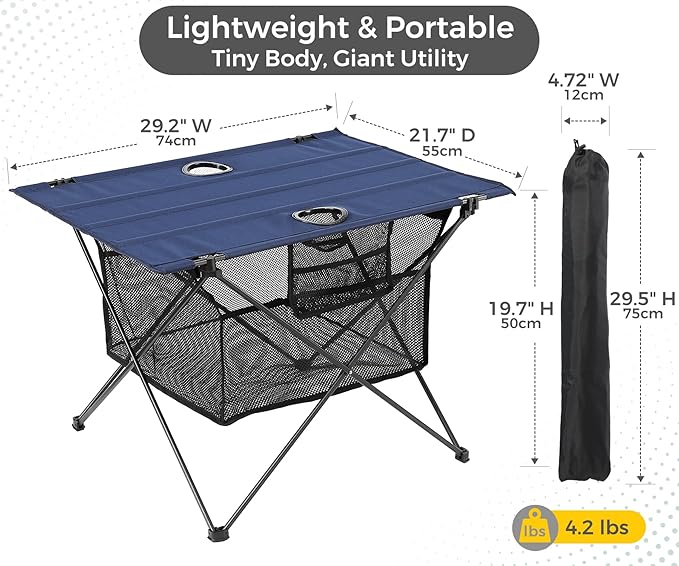 Lightweight Camping Table - Portable Folding Beach Side Table w/2 Cup Holders & Large Storage Basket, Compact Fold for Tailgate Travel Outdoor Fishing Picnic | 29.2" W x 21.7" D (Blue)