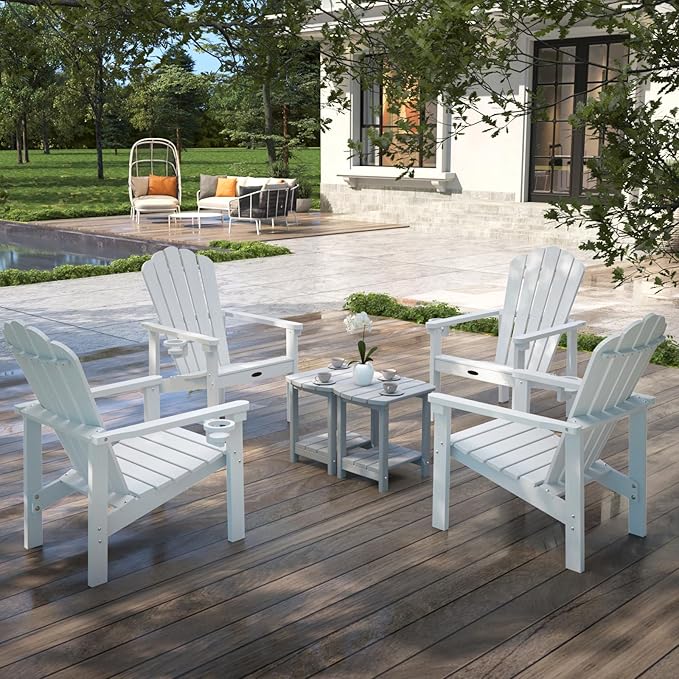 Stackable Adirondack Chair, HDPE All-Weather Adirondack Chairs - Durable and Space Saving, Plastic Outdoor Fire Pit Chairs with Cup Holder,White