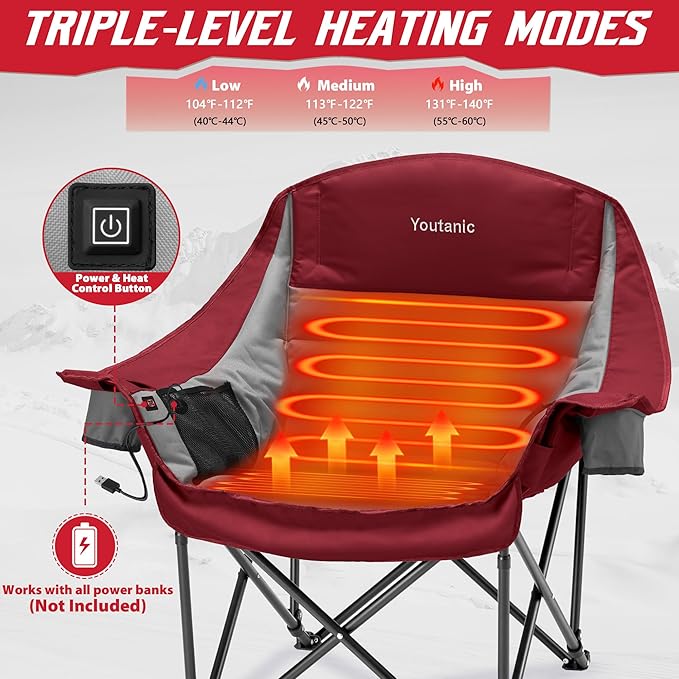 Heated Camping Chair, 3 Heat Levels Oversized Padded Lawn Chair with Side Pockets and Cup Holder, Outdoor Heating Folding Camp Chair for Adults, Fishing, Sports, Picnic, up to 500lbs, Style 3