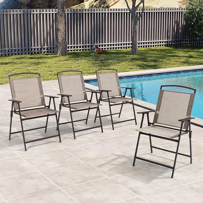 Crestlive Products Patio Folding Chairs Set of 8, Outdoor Folding Chairs with Durable Rust-Resistant Frame and Breathable Textilene Material for Outside, Beige