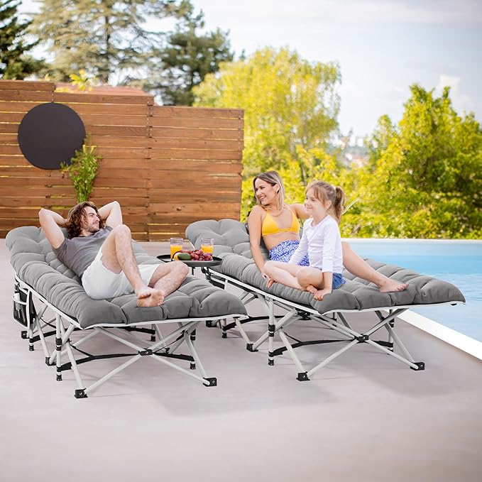 YITAHOME Camping Cots w/Mattress Portable Lounge Chair Outdoor Folding Cot Heavy Duty 575 LB Capacity 1200D Oxford w/Carry Bag Travel Camp Bed for Camping, Office, Traveling, Grey
