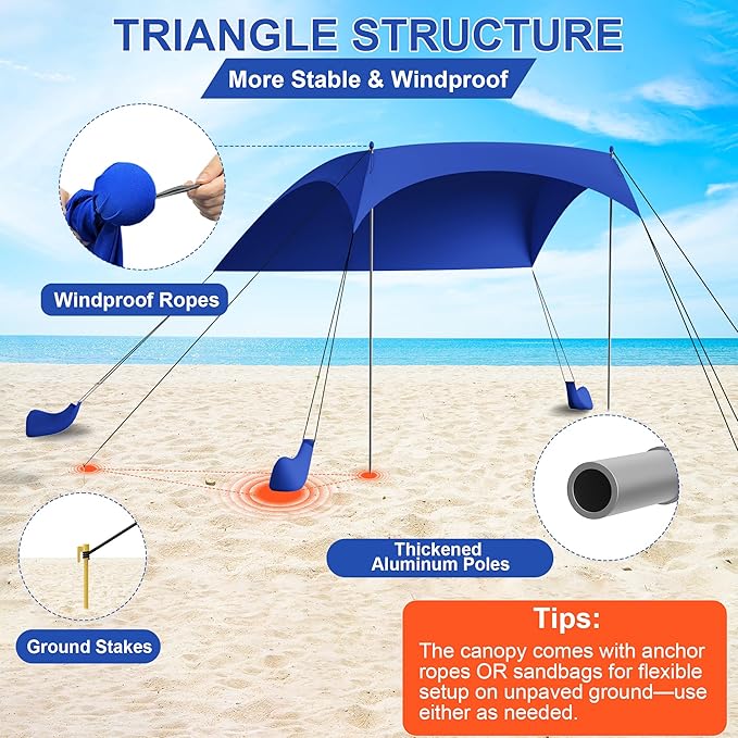 Beach Tent Sun Shelter UPF50+ with Sandbags, Sand Shovel & Windproof Poles - Portable Pop Up Canopy for Beach, Camping, Picnics, Backyard & Fishing (Royal Blue,6.9x6.5FT)