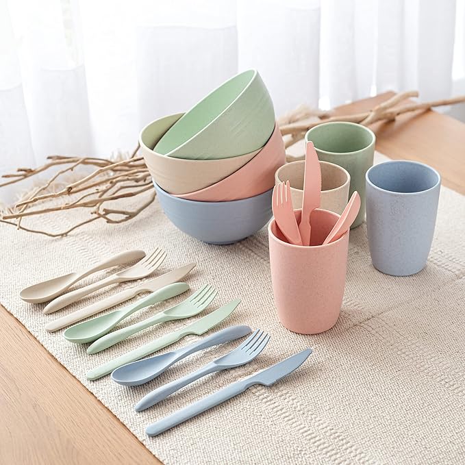 FOODLE Wheat Straw Dinnerware Set - BPA Free & Safety Tested - Dishwasher & Microwave Safe - Toddler & Kids Plates and Bowls Sets - Plastic Plates Reusable - Perfect for RV, Camping Dishes - For 4