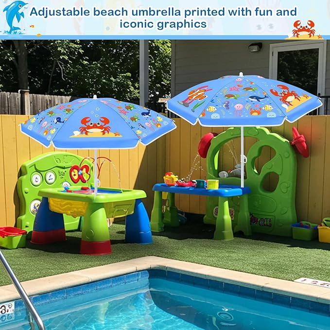 Sweetude Water Table Umbrella (Table Not Included), Kids Seaside Beach Umbrella Picnic Canopy for Summer Toddlers Sand Beach Camping Garden Outdoor Pool Shade Party Supply(Marine Animal Theme)