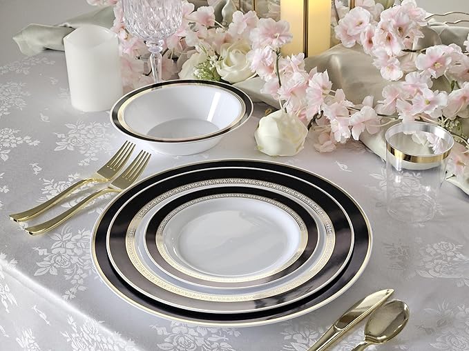 OCCASIONS 50-Piece Plastic Plates Set for 25 Guests – Heavy Duty Disposable Dinner & Dessert Plates, BPA-Free,Fancy Party/Wedding Dinnerware, Ritz Black & Gold