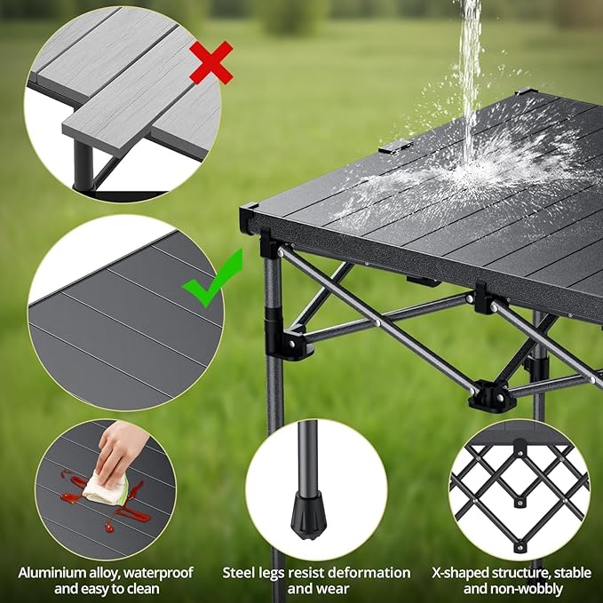 Anbte Camping Table Foldable, 2 Height Max 27.5" Aluminum Roll up Camping Table with Carry Bag & Heat-Resistant Tabletop, Lightweight, for Indoor Outdoor RV BBQ Picnic Patio Beach, 26" x 23", Black