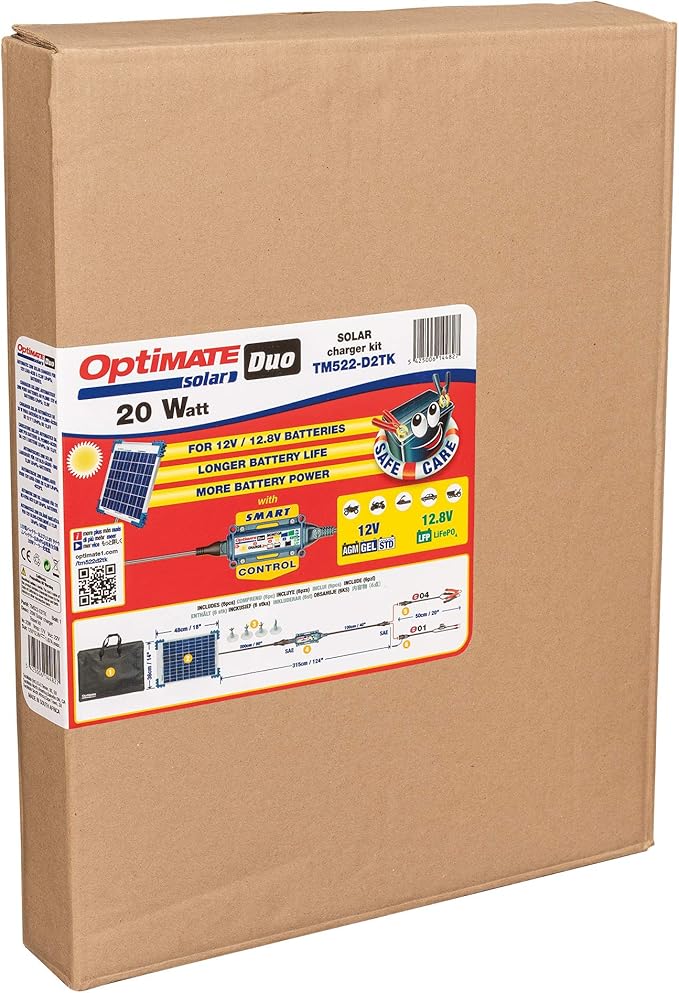 Optimate Solar Duo 20W Travel kit, TM522-D2TK, 6-Step 12V / 12.8V 1.6A Weatherproof Solar Battery Saving Charger & maintainer