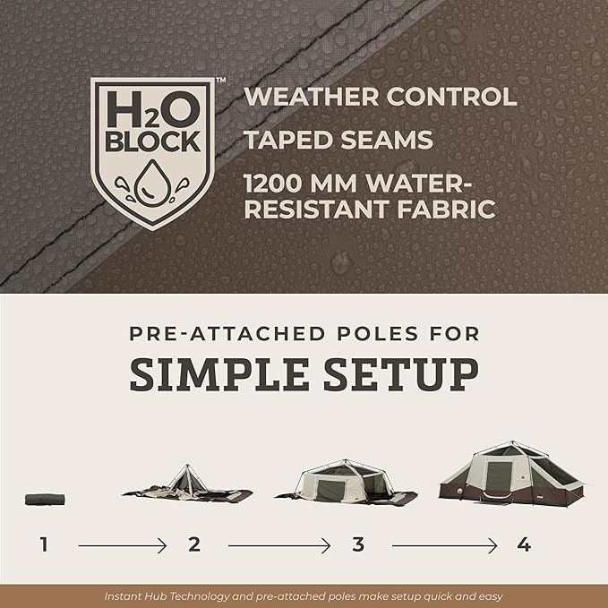 CORE Instant Cabin Tent with LED Lights | Large Family Lighted Pop Up Tent with Carry Bag for Camping, Glamping, and Backyard Adventures | Included Storage Pockets for Camp Accessories