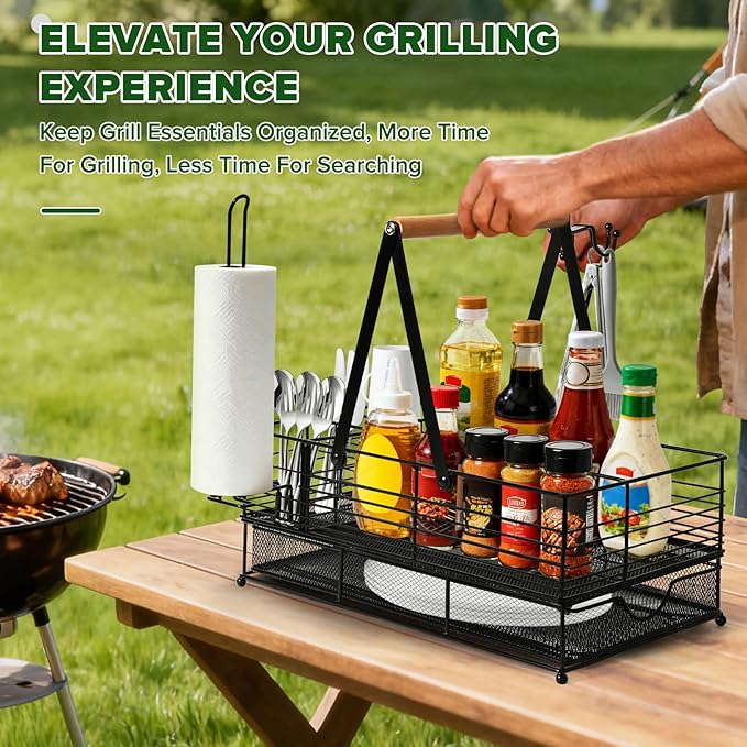 Grill Caddy, BBQ Caddy with Paper Towel Holder, Blackstone Griddle Organizer, Plate and Utensil Holder Organizer for Outdoor Grill, Picnic, Camping, Condiment Storage for Kitchen Counter
